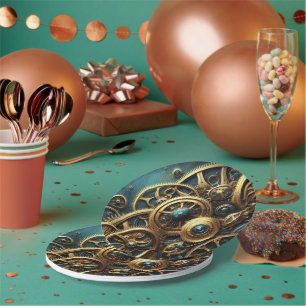 Steampunk Clockwork Gold and Teal Paper Plate
