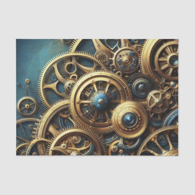 Steampunk Clockwork Gold and Teal Tissue Paper (Front)