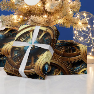 Steampunk Clockwork Gold and Teal Wrapping Paper