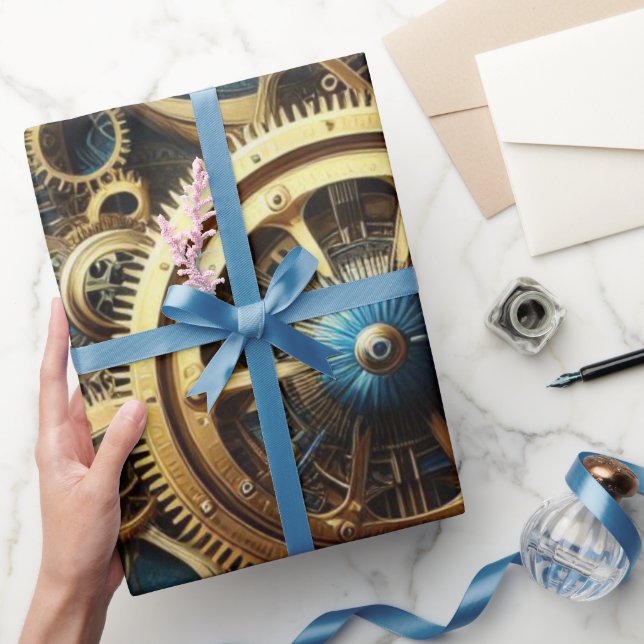 Steampunk Clockwork Gold and Teal Wrapping Paper (Gifting)