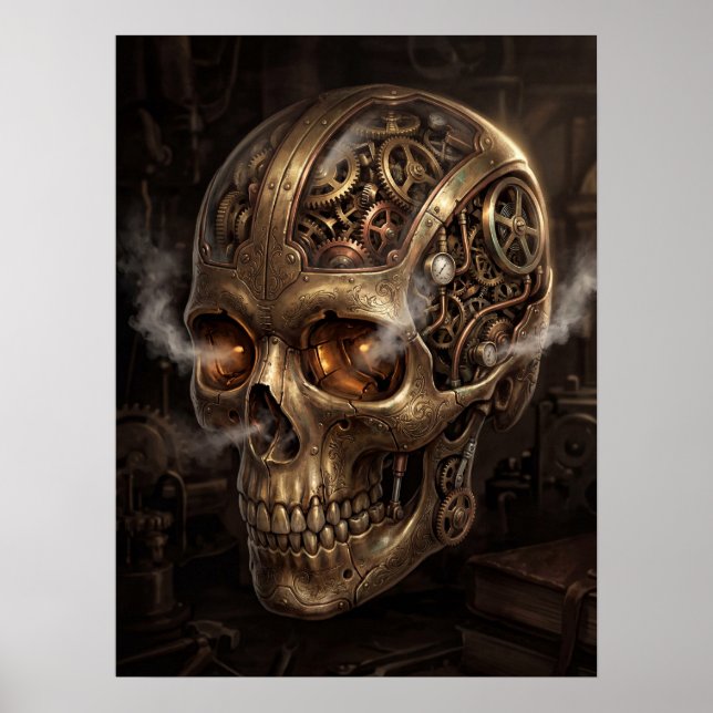 : Steampunk Clockwork Skull Brass Gears Gothic  Poster (Front)