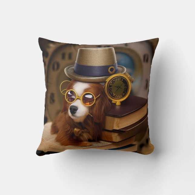 Steampunk cocker spaniel with books Throw Pillow (Back)