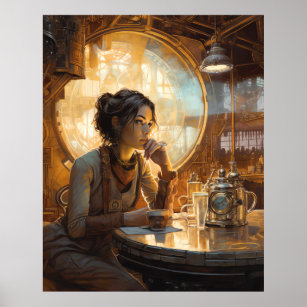 Steampunk Coffee Shop Girl Poster