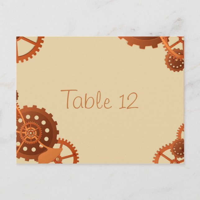 Steampunk Cogs and Gears Wedding Table Number Card (Front)