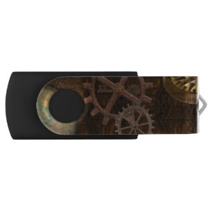 Steampunk Cogs , Gears & World Globe Designer USB Flash Drive
