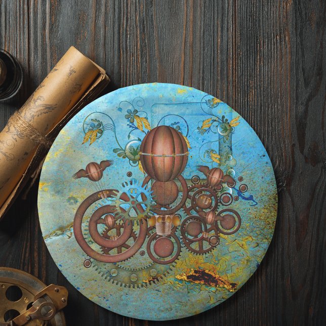 Steampunk Collage Aqua Copper Paper Plates (Creator Uploaded)