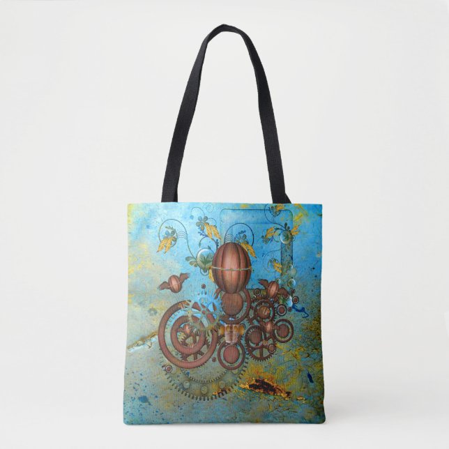 Steampunk Collage Aqua Copper Tote Bag (Front)