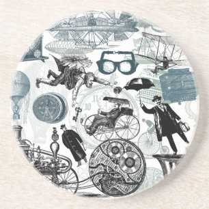 Steampunk Collage Gear Clock Wedding Coaster