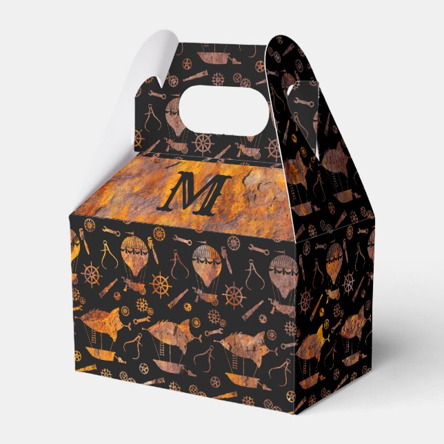 Steampunk Colorful Rusty Airships Monogram Gable Favour Box (Front Side)