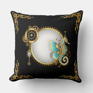 Steampunk Colorful Seahorse on White and Gold  Cushion