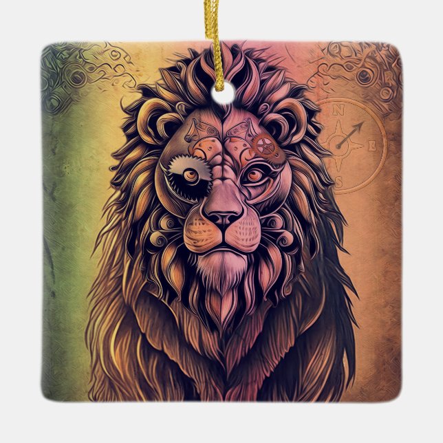 Steampunk Colour Gradient Rustic Lion Ceramic Ornament (Front)