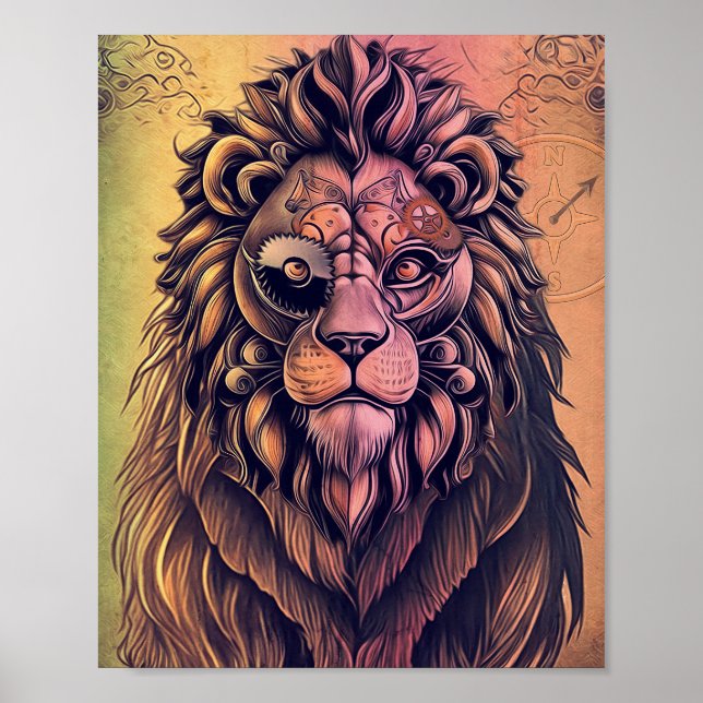 Steampunk Colour Gradient Rustic Lion Poster (Front)