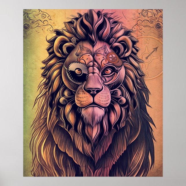  Steampunk Colour Gradient Rustic Lion Poster (Front)
