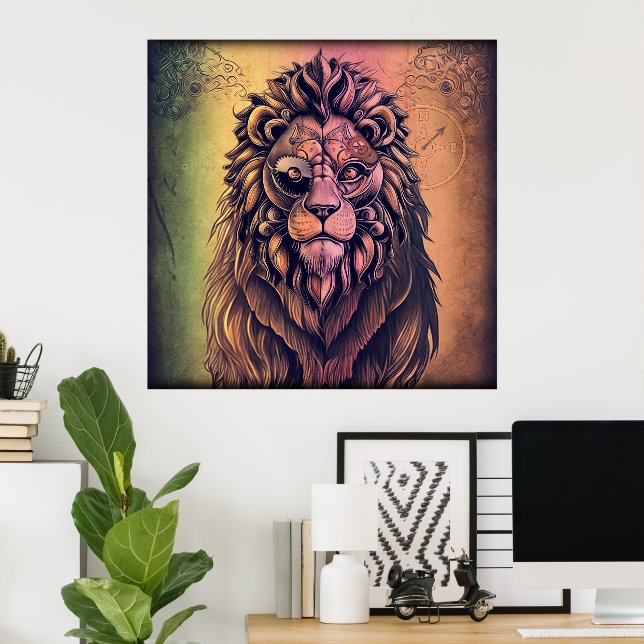 Steampunk Colour Gradient Rustic Lion Poster (Home Office)