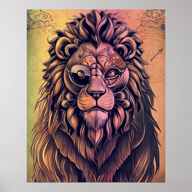 Steampunk Colour Gradient Rustic Lion Poster (Front)