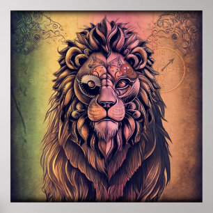 Steampunk Colour Gradient Rustic Lion Poster