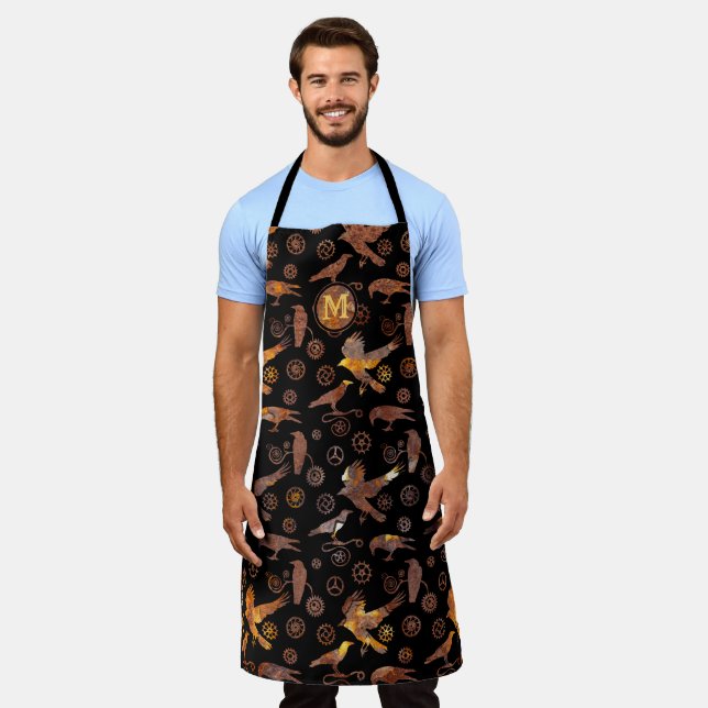Steampunk Colourful Rust Gears and Crows Monogram Apron (Worn)