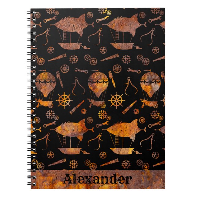 Steampunk Colourful Rusty Airship Theme Your Name Notebook (Front)