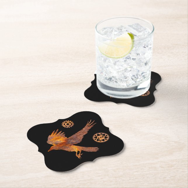 Steampunk Colourful Rusty Flying Crow and Gears Paper Coaster (Insitu)