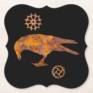 Steampunk Colourful Rusty Pecking Crow and Gears Paper Coaster