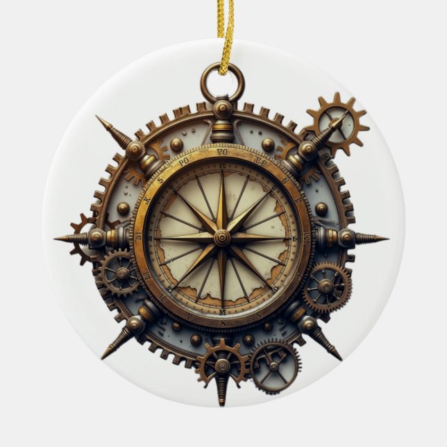 Steampunk Compass Ceramic Tree Decoration (Front)