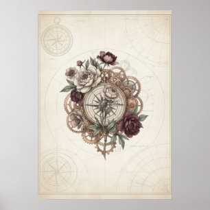 Steampunk Compass Gears Roses Vintage Poster