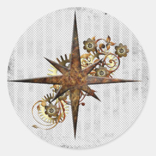 Steampunk Compass Star Grunge Classic Round Sticker