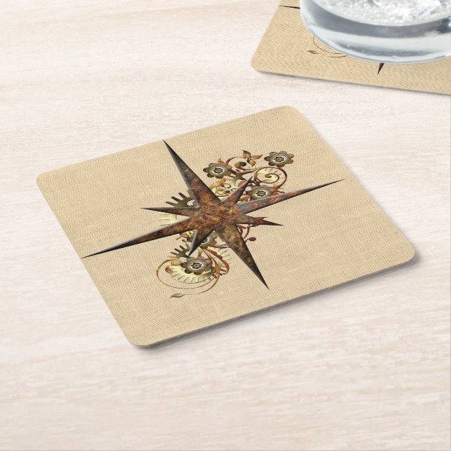 Steampunk Compass Star Square Paper Coaster (Angled)