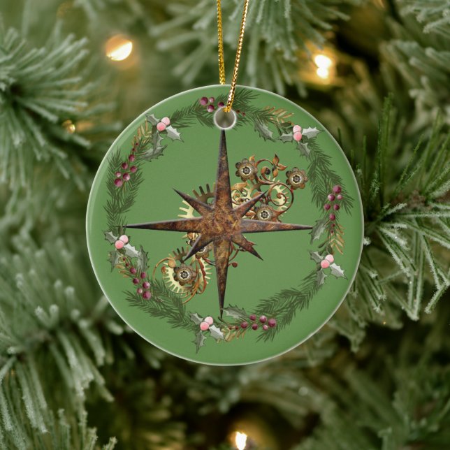 Steampunk Compass Star & Wreath Customisable Ceramic Tree Decoration (Tree)