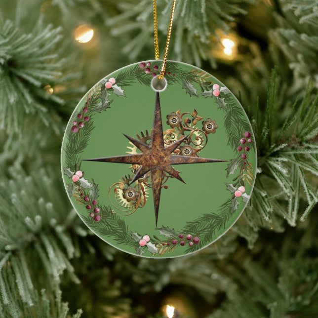 Steampunk Compass Star & Wreath Customizable Ceramic Tree Decoration (Tree)
