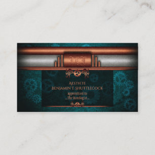 Steampunk copper and silver on teal cogs, Monogram Business Card