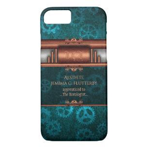 Steampunk copper and silver on teal cogs, Monogram iPhone 8/7 Case
