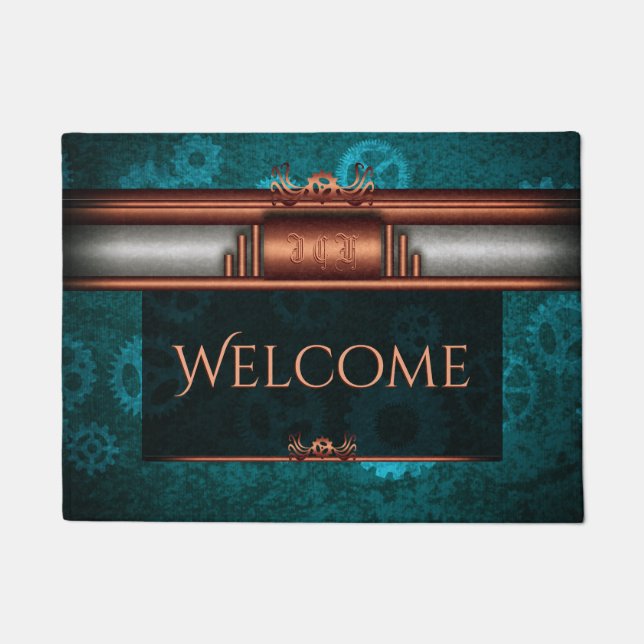 Steampunk, copper-look on teal cogwheels, Monogram Doormat (Front)