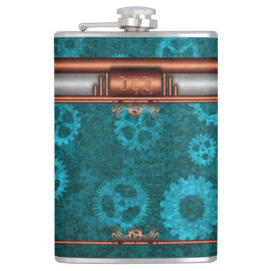 Steampunk, copper-look on teal cogwheels, Monogram Hip Flask