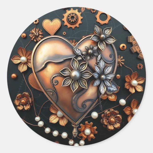 Steampunk Copper Metal Gears and Heart Classic Round Sticker (Front)