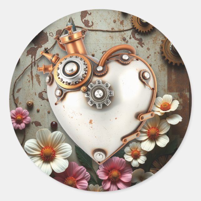 Steampunk Copper Metal Gears and White Heart Classic Round Sticker (Front)