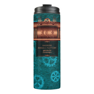Steampunk, copper on teal cogwheels, Monogram Thermal Tumbler