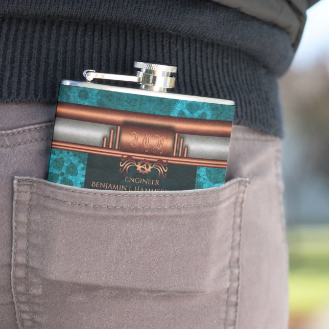 Steampunk, copper on teal gearwheels, Monogram Hip Flask (In Situ)