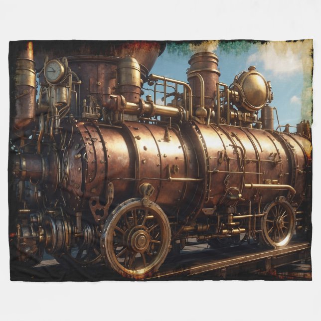Steampunk Copper Steam Train Fleece Blanket (Front (Horizontal))