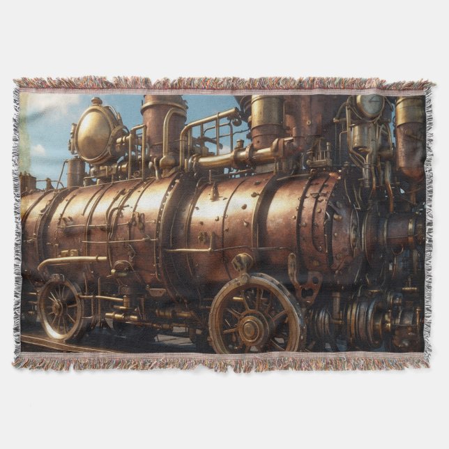 Steampunk Copper Steam Train Throw Blanket (Front)