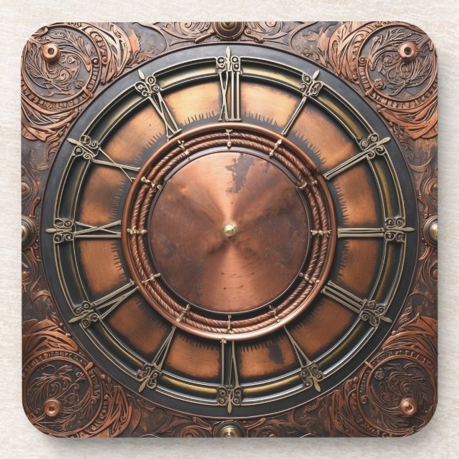 Steampunk Copper Time Face Coaster (Front)