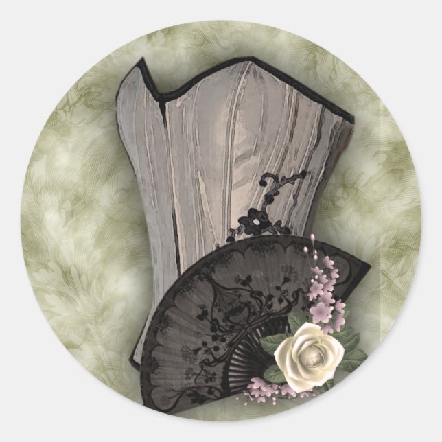 Steampunk Corset and Fan Goth Wedding Classic Round Sticker (Front)