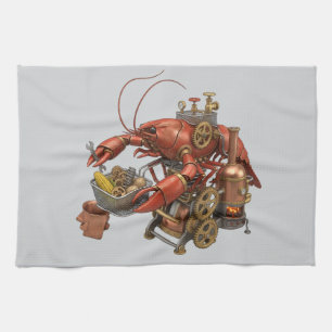Steampunk Crawfish Boil Mechanical Lobster Art Tea Towel