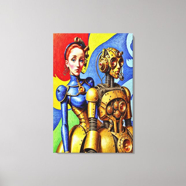 Steampunk Cute Girl and Machine Friend Canvas Print (Front)