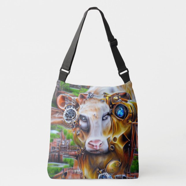 Steampunk Cyber Cow Crossbody Bag (Front)