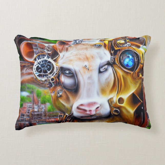 Steampunk Cyber Cow Decorative Cushion (Front)