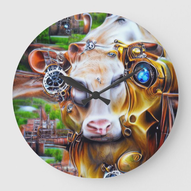 Steampunk Cyber Cow Large Clock (Front)