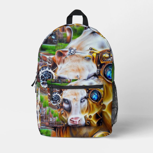 Steampunk Cyber Cow Printed Backpack (Front)