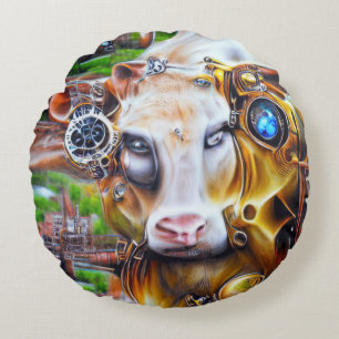 Steampunk Cyber Cow Round Cushion