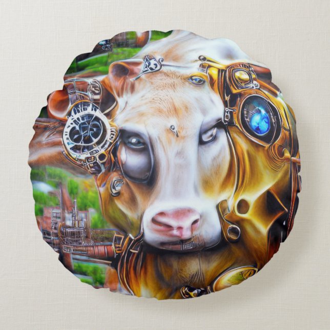 Steampunk Cyber Cow Round Cushion (Front)